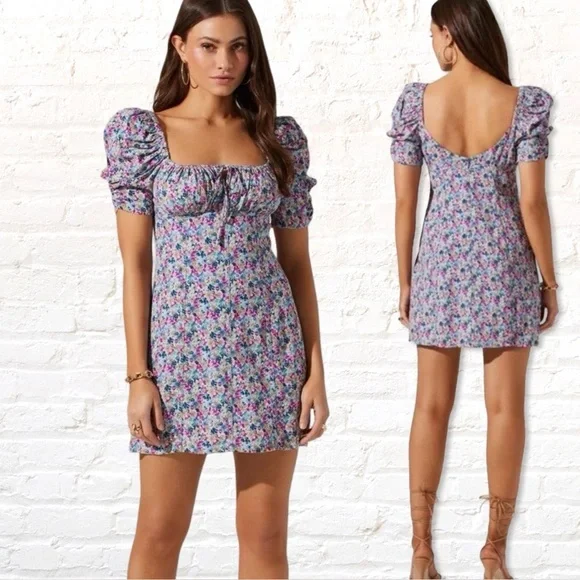 Astr The Label Floral Puff Sleeve Minidress in Blue Fuchsia Flora Small - Picture 2 of 7